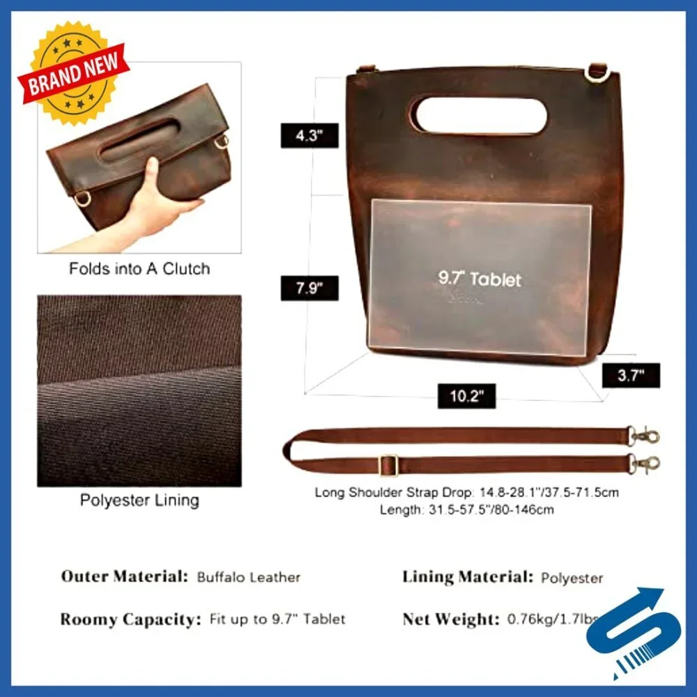 Genuine Leather Crossbody Bag with Adjustable Strap Foldable Clutch Purse